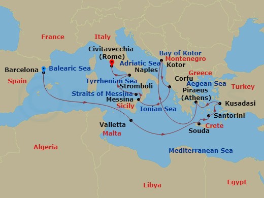 14 Night - Greek Isles with Malta, Sicily & Naples Overnight - Nieuw Amsterdam - Starting in Barcelona, Spain, Valletta, Malta, Souda (Chania), Greece, Thira (Santorini), Greece, Kusadasi (Ephesus), Turkey, Piraeus (Athens), Greece, Kotor, Montenegro, Scenic cruising Bay of Kotor, Kerkira, (Corfu), Greece, Messina, Italy, Cruising Strait of Messina, Evening cruising Stromboli Volcano, Naples (Pompeii / Amalfi), Italy, Civitavecchia (Rome), Italy itinerary map