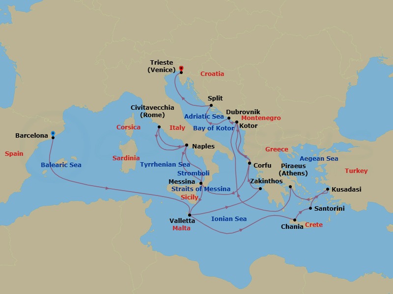 25 Night - Around Italy's Boot : Greek Isles & Naples Overnight - Nieuw Amsterdam - Starting in Barcelona, Spain, Valletta, Malta, Souda (Chania), Greece, Thira (Santorini), Greece, Kusadasi (Ephesus), Turkey, Piraeus (Athens), Greece, Kotor, Montenegro, Scenic cruising Bay of Kotor, Kerkira, (Corfu), Greece, Messina, Italy, Cruising Strait of Messina, Evening cruising Stromboli Volcano, Naples (Pompeii / Amalfi), Italy, Civitavecchia (Rome), Italy, Naples (Pompeii / Amalfi), Italy, Messina, Italy, Cruising Strait of Messina, Valletta, Malta, Zakinthos, Greece, Kerkira, (Corfu), Greece, Scenic cruising Bay of Kotor, Kotor, Montenegro, Dubrovnik, Croatia, Split, Croatia, Trieste (Venice), Italy itinerary map