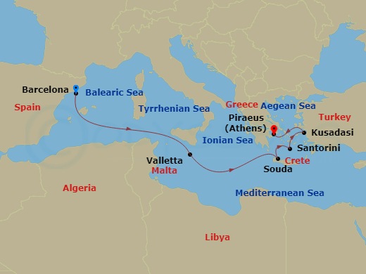 7 Night - Greek Isles : Malta & Santorini - Nieuw Amsterdam - Starting in Barcelona, Spain, Valletta, Malta, Souda (Chania), Greece, Thira (Santorini), Greece, Kusadasi (Ephesus), Turkey, Piraeus (Athens), Greece itinerary map