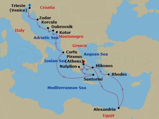 17 Night - Adriatic & Greek Isles with Venice & Cairo Overnights - Nieuw Amsterdam - Starting in Trieste (Venice), Italy, Zadar, Croatia, Korcula, Croatia, Dubrovnik, Croatia, Kotor, Montenegro, Scenic cruising Bay of Kotor, Kerkira, (Corfu), Greece, Thira (Santorini), Greece, Nafplion, Greece, Piraeus (Athens), Greece, Alexandria EG (Cairo), Egypt, Rhodes, Greece, Mykonos, Greece, Piraeus (Athens), Greece itinerary map