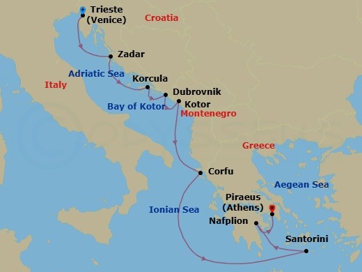 10 Night - Adriatic Antiquities : Venice, Croatia & Greece - Nieuw Amsterdam - Starting in Trieste (Venice), Italy, Zadar, Croatia, Korcula, Croatia, Dubrovnik, Croatia, Kotor, Montenegro, Scenic cruising Bay of Kotor, Kerkira, (Corfu), Greece, Thira (Santorini), Greece, Nafplion, Greece, Piraeus (Athens), Greece itinerary map