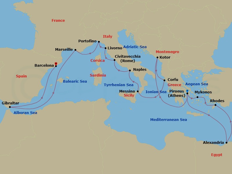 21 Night - Greek Isles & Italy with Cairo & Naples Overnights - Nieuw Amsterdam - Starting in Piraeus (Athens), Greece, Alexandria EG (Cairo), Egypt, Rhodes, Greece, Mykonos, Greece, Piraeus (Athens), Greece, Kotor, Montenegro, Scenic cruising Bay of Kotor, Kerkira, (Corfu), Greece, Messina, Italy, Cruising Strait of Messina, Evening cruising Stromboli Volcano, Naples (Pompeii / Amalfi), Italy, Civitavecchia (Rome), Italy, Livorno (Florence / Pisa), Italy, Portofino, Italy, Marseille (Provence), France, Gibraltar, Barcelona, Spain itinerary map