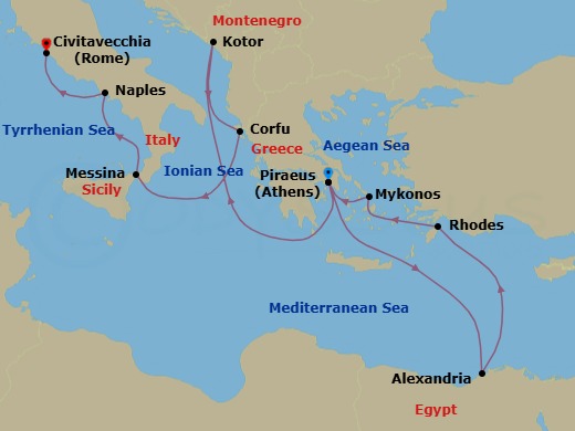 14 Night - Greek Isles & Sicily with Cairo & Naples Overnights - Nieuw Amsterdam - Starting in Piraeus (Athens), Greece, Alexandria EG (Cairo), Egypt, Rhodes, Greece, Mykonos, Greece, Piraeus (Athens), Greece, Kotor, Montenegro, Scenic cruising Bay of Kotor, Kerkira, (Corfu), Greece, Messina, Italy, Cruising Strait of Messina, Evening cruising Stromboli Volcano, Naples (Pompeii / Amalfi), Italy, Civitavecchia (Rome), Italy itinerary map