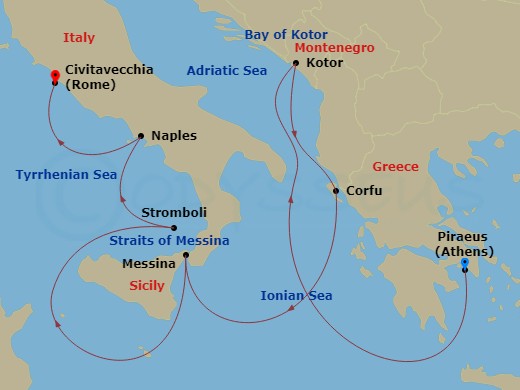 7 Night - Mediterranean Splendor : Sicily & Naples Overnight - Nieuw Amsterdam - Starting in Piraeus (Athens), Greece, Kotor, Montenegro, Scenic cruising Bay of Kotor, Kerkira, (Corfu), Greece, Messina, Italy, Cruising Strait of Messina, Evening cruising Stromboli Volcano, Naples (Pompeii / Amalfi), Italy, Civitavecchia (Rome), Italy itinerary map