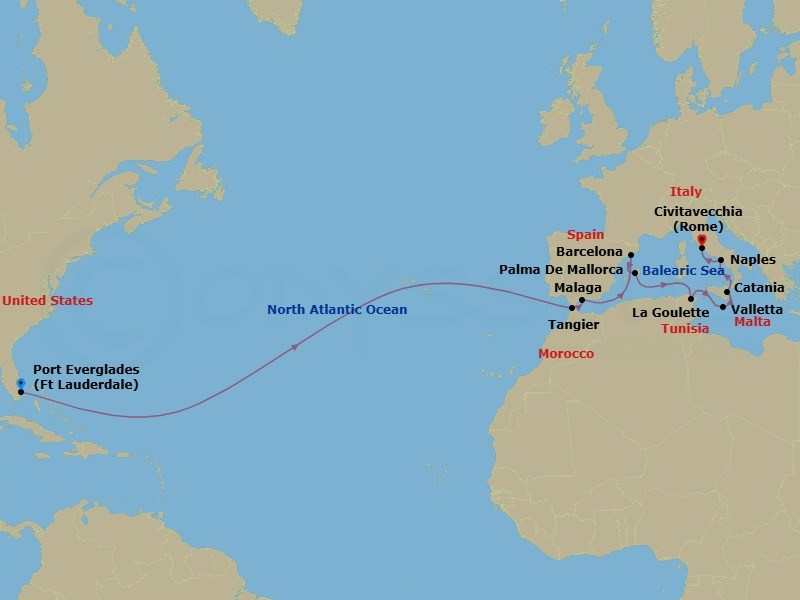 20 Night - Mediterranean Crossing : Morocco, Spain & Italy - Nieuw Amsterdam - Starting in Fort Lauderdale, Florida, Tangier, Morocco, Malaga, Spain, Barcelona, Spain, Palma De Mallorca, Spain, La Goulette (Tunis), Tunisia, Valletta, Malta, Catania, Sicily, Italy, Cruising Strait of Messina, Naples (Pompeii / Amalfi), Italy, Civitavecchia (Rome), Italy itinerary map