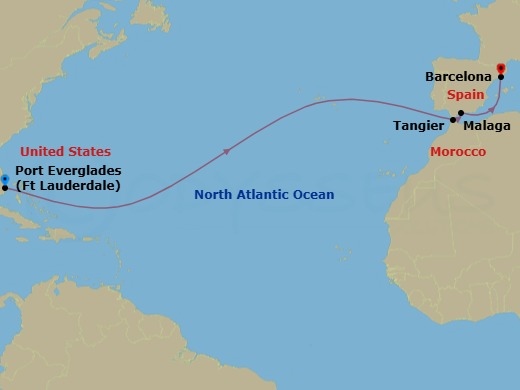 13 Night - Cultural Crossing with Morocco & Spain - Nieuw Amsterdam - Starting in Fort Lauderdale, Florida, Tangier, Morocco, Malaga, Spain, Barcelona, Spain itinerary map