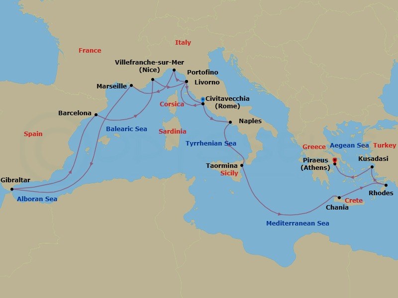 17 Night - Mediterranean Splendor : Italy, France & Greek Isles - Nieuw Amsterdam - Starting in Civitavecchia (Rome), Italy, Livorno (Florence / Pisa), Italy, Portofino, Italy, Marseille (Provence), France, Gibraltar, Barcelona, Spain, Villefranche-sur-Mer (Nice), France, Livorno (Florence / Pisa), Italy, Civitavecchia (Rome), Italy, Naples (Pompeii / Amalfi), Italy, Taormina, Italy, Souda (Chania), Greece, Rhodes, Greece, Kusadasi (Ephesus), Turkey, Piraeus (Athens), Greece itinerary map