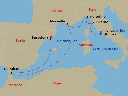 7 Night - Western Mediterranean : Italy, France & Gibraltar - Nieuw Amsterdam - Starting in Civitavecchia (Rome), Italy, Livorno (Florence / Pisa), Italy, Portofino, Italy, Marseille (Provence), France, Gibraltar, Barcelona, Spain itinerary map