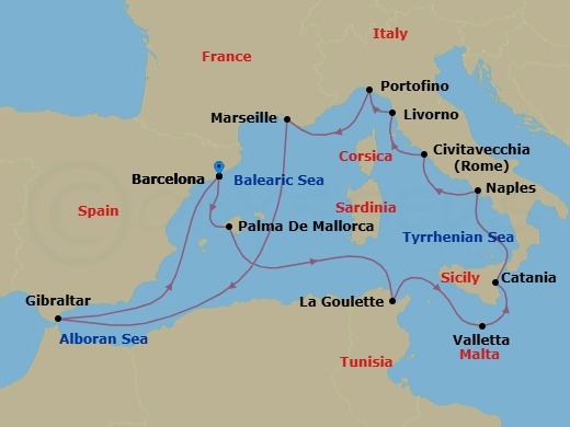 14 Night - Western Mediterranean : Spain, Italy & France - Nieuw Amsterdam - Starting in Barcelona, Spain, Palma De Mallorca, Spain, La Goulette (Tunis), Tunisia, Valletta, Malta, Catania, Sicily, Italy, Cruising Strait of Messina, Naples (Pompeii / Amalfi), Italy, Civitavecchia (Rome), Italy, Livorno (Florence / Pisa), Italy, Portofino, Italy, Marseille (Provence), France, Gibraltar, Barcelona, Spain itinerary map