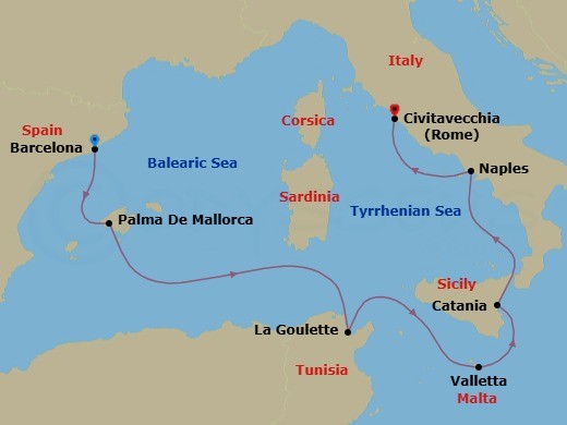 7 Night - Western Mediterranean : Spain, Sicily & Amalfi Coast - Nieuw Amsterdam - Starting in Barcelona, Spain, Palma De Mallorca, Spain, La Goulette (Tunis), Tunisia, Valletta, Malta, Catania, Sicily, Italy, Cruising Strait of Messina, Naples (Pompeii / Amalfi), Italy, Civitavecchia (Rome), Italy itinerary map