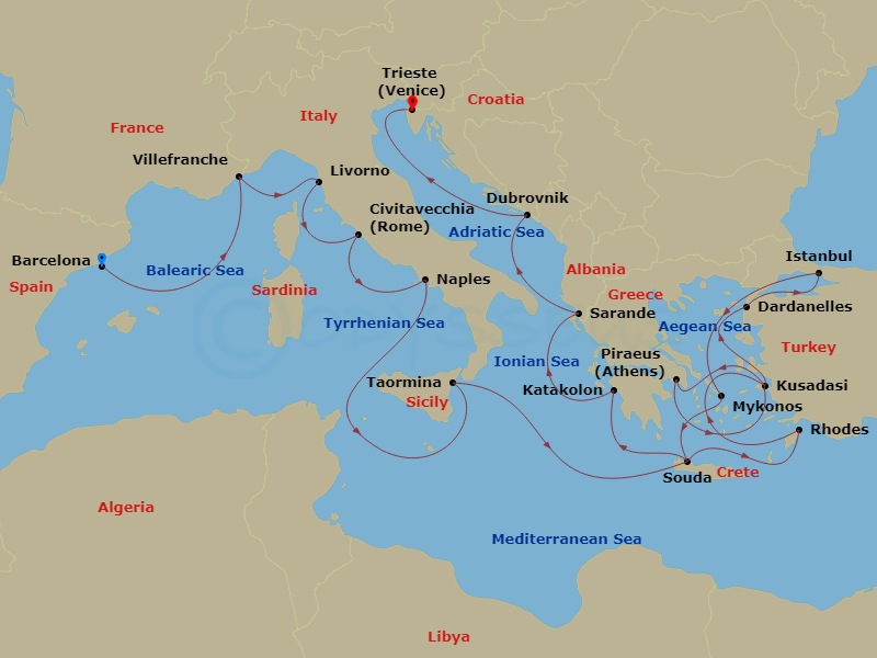 21 Night - Greek Isles & Adriatic : Italy & Istanbul Overnight - Nieuw Amsterdam - Starting in Barcelona, Spain, Villefranche-sur-Mer (Nice), France, Livorno (Florence / Pisa), Italy, Civitavecchia (Rome), Italy, Naples (Pompeii / Amalfi), Italy, Taormina, Italy, Souda (Chania), Greece, Rhodes, Greece, Kusadasi (Ephesus), Turkey, Piraeus (Athens), Greece, Kusadasi (Ephesus), Turkey, Cruising the Dardanelles, Istanbul, Turkey, Mykonos, Greece, Souda (Chania), Greece, Katakolon (Olympia), Greece, Sarande, Albania, Dubrovnik, Croatia, Trieste (Venice), Italy itinerary map
