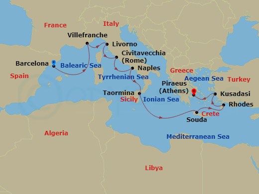 10 Night - Mediterranean Splendor : France, Italy & Greece - Nieuw Amsterdam - Starting in Barcelona, Spain, Villefranche-sur-Mer (Nice), France, Livorno (Florence / Pisa), Italy, Civitavecchia (Rome), Italy, Naples (Pompeii / Amalfi), Italy, Taormina, Italy, Souda (Chania), Greece, Rhodes, Greece, Kusadasi (Ephesus), Turkey, Piraeus (Athens), Greece itinerary map