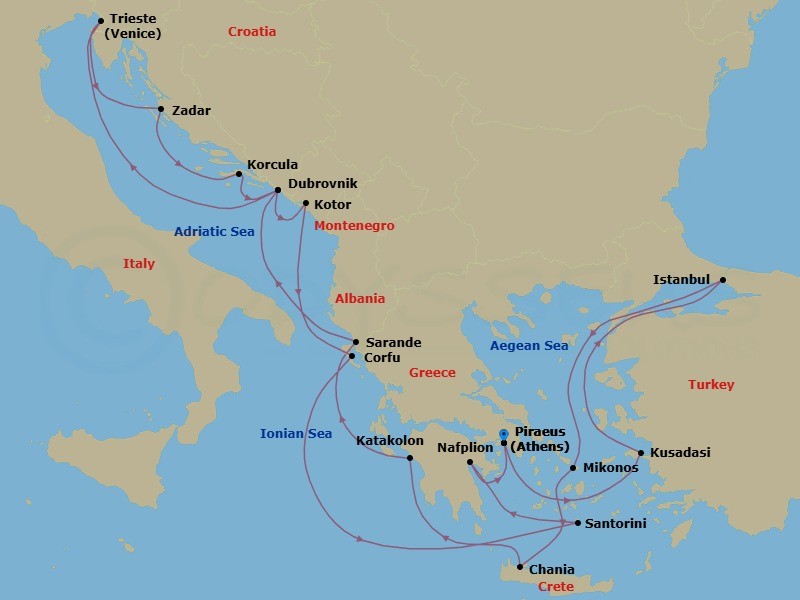 21 Night - Greek Isles & Adriatic : Istanbul & Venice Overnights - Nieuw Amsterdam - Starting in Piraeus (Athens), Greece, Kusadasi (Ephesus), Turkey, Cruising the Dardanelles, Istanbul, Turkey, Mykonos, Greece, Souda (Chania), Greece, Katakolon (Olympia), Greece, Sarande, Albania, Dubrovnik, Croatia, Trieste (Venice), Italy, Zadar, Croatia, Korcula, Croatia, Dubrovnik, Croatia, Kotor, Montenegro, Scenic cruising Bay of Kotor, Kerkira, (Corfu), Greece, Thira (Santorini), Greece, Nafplion, Greece, Piraeus (Athens), Greece itinerary map