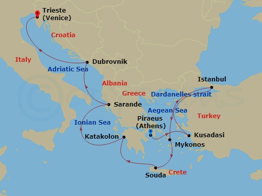 11 Night - Greek Isles : Istanbul Overnight, Mykonos & Dubrovnik - Nieuw Amsterdam - Starting in Piraeus (Athens), Greece, Kusadasi (Ephesus), Turkey, Cruising the Dardanelles, Istanbul, Turkey, Mykonos, Greece, Souda (Chania), Greece, Katakolon (Olympia), Greece, Sarande, Albania, Dubrovnik, Croatia, Trieste (Venice), Italy itinerary map