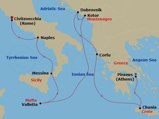 11 Night - Mediterranean Splendor : Greek Isles, Italy & Malta - Nieuw Amsterdam - Starting in Piraeus (Athens), Greece, Souda (Chania), Greece, Kerkira, (Corfu), Greece, Dubrovnik, Croatia, Kotor, Montenegro, Valletta, Malta, Messina, Italy, Cruising Strait of Messina, Evening cruising Stromboli Volcano, Naples (Pompeii / Amalfi), Italy, Civitavecchia (Rome), Italy itinerary map
