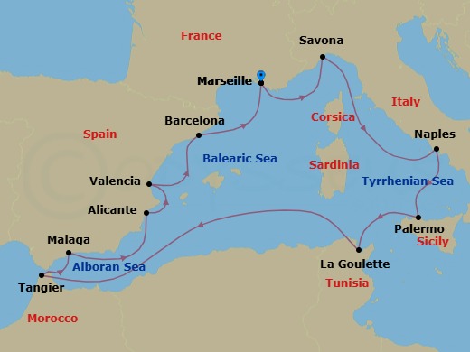 12 Night - Western Mediterranean Roundtrip from Marseille - Costa Pacifica - Starting in Marseille, Savona, Naples, Palermo, La Goulette (Tunis), Tangier, Malaga, Alicante, Valencia, Barcelona, Marseille itinerary map