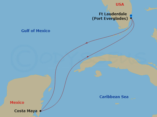 4 Night - Western Caribbean Getaway Cruise - Brilliance of the Seas - Starting in Fort Lauderdale, Florida, Puerto Costa Maya, Mexico, Fort Lauderdale, Florida itinerary map