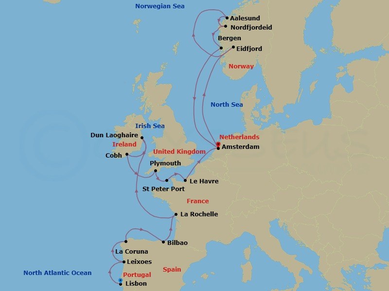 20 Night - Iberia & Norwegian Fjords : Ireland & Lisbon Overnight - Zuiderdam - Starting in Lisbon, Portugal, Leixoes (Porto), Portugal, A Coruna, Spain, Bilbao, La Rochelle, France, Dun Laoghaire (Dublin), Ireland, Cobh (Cork), Ireland, Plymouth, England, United Kingdom, St Peter Port, Guernsey, Le Havre (Paris), France, Amsterdam, the Netherlands, Eidfjord, Norway, Scenic cruising Hardangerfjord, Alesund, Norway, Nordfjordeid, Norway, Scenic Cruising Nordfjord, Bergen, Norway, Amsterdam, the Netherlands itinerary map