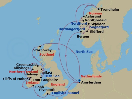 21 Night - Norwegian Fjords & British Isles : Cliffs of Moher - Zuiderdam - Starting in Amsterdam, the Netherlands, Nordfjordeid, Norway, Scenic Cruising Nordfjord, Alesund, Norway, Trondheim, Norway, Skjolden, Norway, Scenic cruising Sognefjord, Eidfjord, Norway, Scenic cruising Hardangerfjord, Bergen, Norway, Amsterdam, the Netherlands, Stornoway, Isle of Lewis, Scotland, United Kingdom, Belfast, Northern Ireland, United Kingdom, Dun Laoghaire (Dublin), Ireland, Greencastle (Londonderry), Ireland, Killybegs, Donegal, Ireland, Galway, Ireland, Scenic cruising Cliffs of Moher, Cobh (Cork), Ireland, Plymouth, England, United Kingdom, Amsterdam, the Netherlands itinerary map