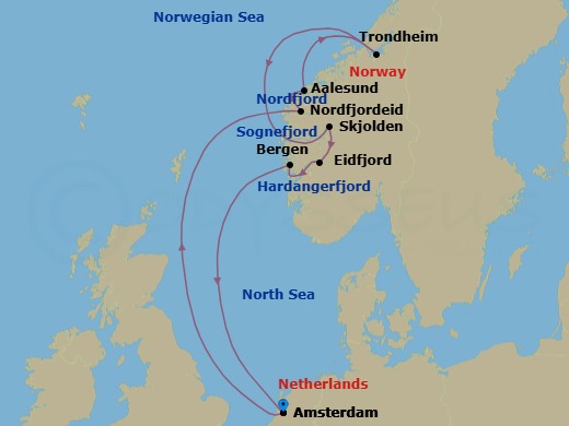10 Night - Norwegian Fjords & Landscapes - Zuiderdam - Starting in Amsterdam, the Netherlands, Nordfjordeid, Norway, Scenic Cruising Nordfjord, Alesund, Norway, Trondheim, Norway, Skjolden, Norway, Scenic cruising Sognefjord, Eidfjord, Norway, Scenic cruising Hardangerfjord, Bergen, Norway, Amsterdam, the Netherlands itinerary map