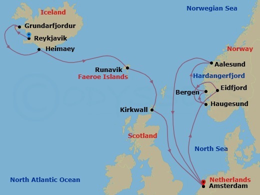 14 Night - Viking Trails, Celtic Origins & Norwegian Fjords - Zuiderdam - Starting in Reykjavik, Iceland, Grundarfjordur, Iceland, Heimaey, Westman Islands, Iceland, Runavik, Faroe Islands, Kirkwall, Scotland, United Kingdom, Amsterdam, the Netherlands, Eidfjord, Norway, Scenic cruising Hardangerfjord, Haugesund, Norway, Bergen, Norway, Alesund, Norway, Amsterdam, the Netherlands itinerary map