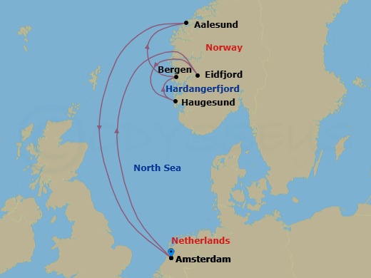 7 Night - Norwegian Fjords & Hardangerfjord - Zuiderdam - Starting in Amsterdam, the Netherlands, Eidfjord, Norway, Scenic cruising Hardangerfjord, Haugesund, Norway, Bergen, Norway, Alesund, Norway, Amsterdam, the Netherlands itinerary map