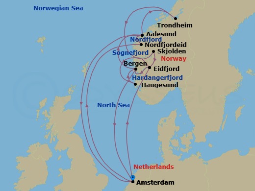 17 Night - Norwegian Fjords & Landscapes : Amsterdam - Zuiderdam - Starting in Amsterdam, the Netherlands, Eidfjord, Norway, Scenic cruising Hardangerfjord, Haugesund, Norway, Bergen, Norway, Alesund, Norway, Amsterdam, the Netherlands, Nordfjordeid, Norway, Scenic Cruising Nordfjord, Alesund, Norway, Trondheim, Norway, Skjolden, Norway, Scenic cruising Sognefjord, Eidfjord, Norway, Scenic cruising Hardangerfjord, Bergen, Norway, Amsterdam, the Netherlands itinerary map