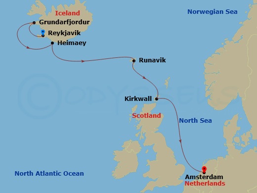 7 Night - Viking Trails & Celtic Origins - Zuiderdam - Starting in Reykjavik, Iceland, Grundarfjordur, Iceland, Heimaey, Westman Islands, Iceland, Runavik, Faroe Islands, Kirkwall, Scotland, United Kingdom, Amsterdam, the Netherlands itinerary map
