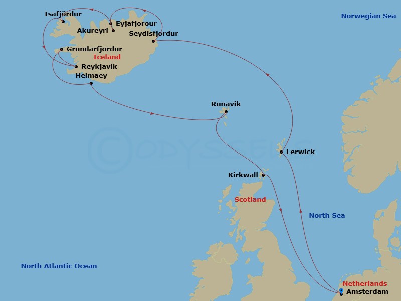 14 Night - Shetland Islands, Icelandic Fjords & Viking Trails - Zuiderdam - Starting in Amsterdam, the Netherlands, Lerwick, Shetland Islands, United Kingdom, Seydisfjordur, Iceland, Scenic cruising Seydisfjordur, Akureyri, Iceland, Scenic cruising Eyjafjordur, Isafjordur, Iceland, Scenic Cruising Isafjardurdjur, Reykjavik, Iceland, Grundarfjordur, Iceland, Heimaey, Westman Islands, Iceland, Runavik, Faroe Islands, Kirkwall, Scotland, United Kingdom, Amsterdam, the Netherlands itinerary map