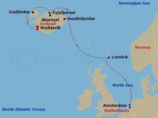 7 Night - Shetland Islands & Icelandic Fjords - Zuiderdam - Starting in Amsterdam, the Netherlands, Lerwick, Shetland Islands, United Kingdom, Seydisfjordur, Iceland, Scenic cruising Seydisfjordur, Akureyri, Iceland, Scenic cruising Eyjafjordur, Isafjordur, Iceland, Scenic Cruising Isafjardurdjur, Reykjavik, Iceland itinerary map
