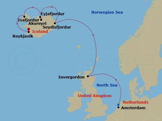 7 Night - Icelandic Fjords & Scottish Highlands - Zuiderdam - Starting in Amsterdam, the Netherlands, Invergordon (Inverness), Scotland, United Kingdom, Seydisfjordur, Iceland, Scenic cruising Seydisfjordur, Akureyri, Iceland, Scenic cruising Eyjafjordur, Isafjordur, Iceland, Scenic Cruising Isafjardurdjur, Reykjavik, Iceland itinerary map
