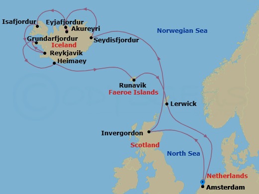 14 Night - Icelandic Fjords, Viking Trails & Scotland : Amsterdam - Zuiderdam - Starting in Amsterdam, the Netherlands, Invergordon (Inverness), Scotland, United Kingdom, Seydisfjordur, Iceland, Scenic cruising Seydisfjordur, Akureyri, Iceland, Scenic cruising Eyjafjordur, Isafjordur, Iceland, Scenic Cruising Isafjardurdjur, Reykjavik, Iceland, Grundarfjordur, Iceland, Heimaey, Westman Islands, Iceland, Runavik, Faroe Islands, Lerwick, Shetland Islands, United Kingdom, Amsterdam, the Netherlands itinerary map