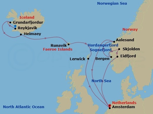 14 Night - Viking Trails, Shetland Islands & Norwegian Fjords - Zuiderdam - Starting in Reykjavik, Iceland, Grundarfjordur, Iceland, Heimaey, Westman Islands, Iceland, Runavik, Faroe Islands, Lerwick, Shetland Islands, United Kingdom, Amsterdam, the Netherlands, Eidfjord, Norway, Scenic cruising Hardangerfjord, Skjolden, Norway, Scenic cruising Sognefjord, Bergen, Norway, Alesund, Norway, Amsterdam, the Netherlands itinerary map
