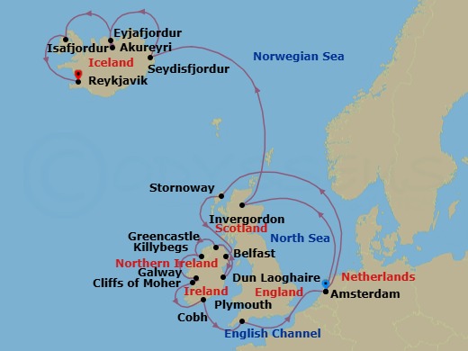 18 Night - British Isles & Icelandic Fjords with Ireland - Zuiderdam - Starting in Amsterdam, the Netherlands, Stornoway, Isle of Lewis, Scotland, United Kingdom, Belfast, Northern Ireland, United Kingdom, Dun Laoghaire (Dublin), Ireland, Greencastle (Londonderry), Ireland, Killybegs, Donegal, Ireland, Galway, Ireland, Scenic cruising Cliffs of Moher, Cobh (Cork), Ireland, Plymouth, England, United Kingdom, Amsterdam, the Netherlands, Invergordon (Inverness), Scotland, United Kingdom, Seydisfjordur, Iceland, Scenic cruising Seydisfjordur, Akureyri, Iceland, Scenic cruising Eyjafjordur, Isafjordur, Iceland, Scenic Cruising Isafjardurdjur, Reykjavik, Iceland itinerary map