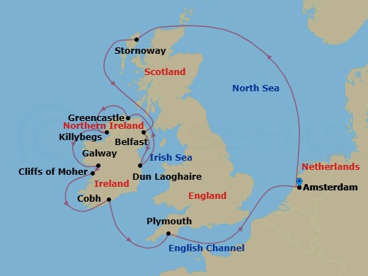 11 Night - Wild British Isles : Ireland & Cliffs of Moher - Zuiderdam - Starting in Amsterdam, the Netherlands, Stornoway, Isle of Lewis, Scotland, United Kingdom, Belfast, Northern Ireland, United Kingdom, Dun Laoghaire (Dublin), Ireland, Greencastle (Londonderry), Ireland, Killybegs, Donegal, Ireland, Galway, Ireland, Scenic cruising Cliffs of Moher, Cobh (Cork), Ireland, Plymouth, England, United Kingdom, Amsterdam, the Netherlands itinerary map