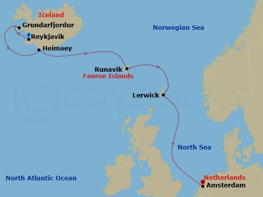7 Night - Viking Trails & Shetland Islands - Zuiderdam - Starting in Reykjavik, Iceland, Grundarfjordur, Iceland, Heimaey, Westman Islands, Iceland, Runavik, Faroe Islands, Lerwick, Shetland Islands, United Kingdom, Amsterdam, the Netherlands itinerary map