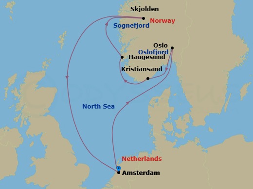 7 Night - Norwegian Fjords & Sognefjord - Zuiderdam - Starting in Amsterdam, the Netherlands, Scenic cruising Oslofjord, Oslo, Norway, Kristiansand, Norway, Haugesund, Norway, Scenic cruising Sognefjord, Skjolden, Norway, Amsterdam, the Netherlands itinerary map