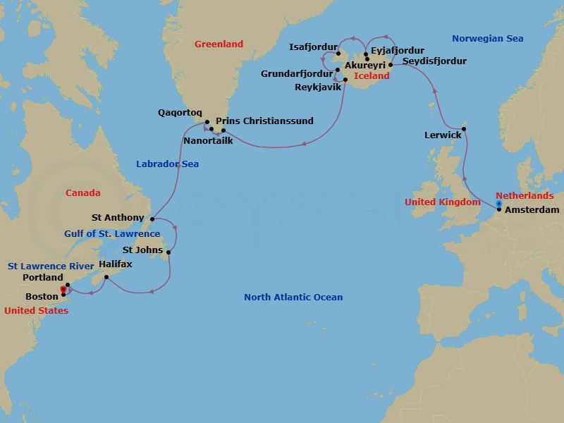 21 Night - Cultural Crossing with Icelandic Fjords & Greenland - Zuiderdam - Starting in Amsterdam, the Netherlands, Lerwick, Shetland Islands, United Kingdom, Seydisfjordur, Iceland, Akureyri, Iceland, Scenic cruising Eyjafjordur, Isafjordur, Iceland, Scenic Cruising Isafjardurdjur, Grundarfjordur, Iceland, Reykjavik, Iceland, Cruising Prince Christian Sound, Nanortalik, Greenland, Qaqortoq, Greenland, St Anthony, Newfoundland, Canada, St Johns NF, Newfoundland, Halifax, Nova Scotia, Canada, Portland ME, Boston, Massachusetts itinerary map