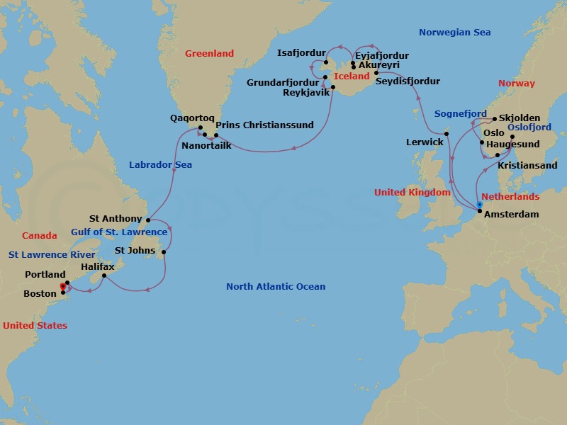 28 Night - Norwegian & Icelandic Fjords Crossing with Greenland - Zuiderdam - Starting in Amsterdam, the Netherlands, Scenic cruising Oslofjord, Oslo, Norway, Kristiansand, Norway, Haugesund, Norway, Scenic cruising Sognefjord, Skjolden, Norway, Amsterdam, the Netherlands, Lerwick, Shetland Islands, United Kingdom, Seydisfjordur, Iceland, Akureyri, Iceland, Scenic cruising Eyjafjordur, Isafjordur, Iceland, Scenic Cruising Isafjardurdjur, Grundarfjordur, Iceland, Reykjavik, Iceland, Cruising Prince Christian Sound, Nanortalik, Greenland, Qaqortoq, Greenland, St Anthony, Newfoundland, Canada, St Johns NF, Newfoundland, Halifax, Nova Scotia, Canada, Portland ME, Boston, Massachusetts itinerary map