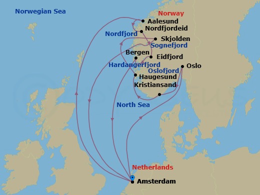 14 Night - Norwegian Fjords with Sognefjord & Nordfjord - Zuiderdam - Starting in Amsterdam, the Netherlands, Scenic cruising Oslofjord, Oslo, Norway, Kristiansand, Norway, Haugesund, Norway, Scenic cruising Sognefjord, Skjolden, Norway, Amsterdam, the Netherlands, Alesund, Norway, Nordfjordeid, Norway, Scenic Cruising Nordfjord, Eidfjord, Norway, Scenic cruising Hardangerfjord, Bergen, Norway, Amsterdam, the Netherlands itinerary map