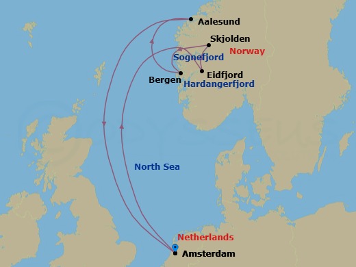 7 Night - Norwegian Fjords & Sognefjord - Zuiderdam - Starting in Amsterdam, the Netherlands, Eidfjord, Norway, Scenic cruising Hardangerfjord, Skjolden, Norway, Scenic cruising Sognefjord, Bergen, Norway, Alesund, Norway, Amsterdam, the Netherlands itinerary map