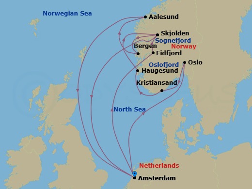 14 Night - Norwegian Fjords with Sognefjord : Amsterdam - Zuiderdam - Starting in Amsterdam, the Netherlands, Eidfjord, Norway, Scenic cruising Hardangerfjord, Skjolden, Norway, Scenic cruising Sognefjord, Bergen, Norway, Alesund, Norway, Amsterdam, the Netherlands, Scenic cruising Oslofjord, Oslo, Norway, Kristiansand, Norway, Haugesund, Norway, Scenic cruising Sognefjord, Skjolden, Norway, Amsterdam, the Netherlands itinerary map