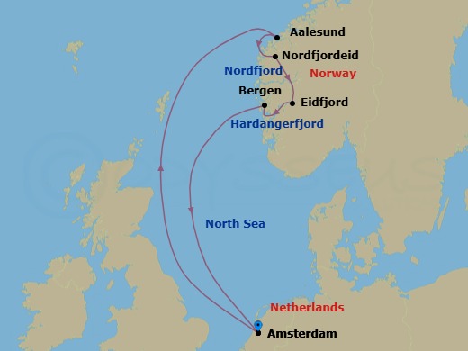 7 Night - Norwegian Fjords & Nordfjord - Zuiderdam - Starting in Amsterdam, the Netherlands, Alesund, Norway, Nordfjordeid, Norway, Scenic Cruising Nordfjord, Eidfjord, Norway, Scenic cruising Hardangerfjord, Bergen, Norway, Amsterdam, the Netherlands itinerary map