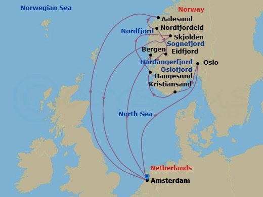14 Night - Norwegian Fjords with Nordfjord & Sognefjord - Zuiderdam - Starting in Amsterdam, the Netherlands, Alesund, Norway, Nordfjordeid, Norway, Scenic Cruising Nordfjord, Eidfjord, Norway, Scenic cruising Hardangerfjord, Bergen, Norway, Amsterdam, the Netherlands, Scenic cruising Oslofjord, Oslo, Norway, Kristiansand, Norway, Haugesund, Norway, Scenic cruising Sognefjord, Skjolden, Norway, Amsterdam, the Netherlands itinerary map