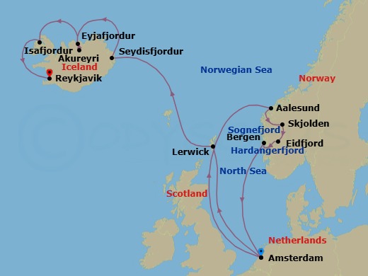 14 Night - Norwegian & Icelandic Fjords with Shetland Islands - Zuiderdam - Starting in Amsterdam, the Netherlands, Alesund, Norway, Skjolden, Norway, Scenic cruising Sognefjord, Eidfjord, Norway, Scenic cruising Hardangerfjord, Bergen, Norway, Amsterdam, the Netherlands, Lerwick, Shetland Islands, United Kingdom, Seydisfjordur, Iceland, Scenic cruising Seydisfjordur, Akureyri, Iceland, Scenic cruising Eyjafjordur, Isafjordur, Iceland, Scenic Cruising Isafjardurdjur, Reykjavik, Iceland itinerary map