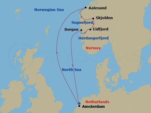 7 Night - Norwegian Fjords & Sognefjord - Zuiderdam - Starting in Amsterdam, the Netherlands, Alesund, Norway, Skjolden, Norway, Scenic cruising Sognefjord, Eidfjord, Norway, Scenic cruising Hardangerfjord, Bergen, Norway, Amsterdam, the Netherlands itinerary map