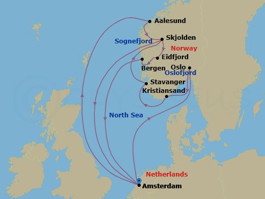 14 Night - Norwegian Fjords with Sognefjord : Amsterdam - Zuiderdam - Starting in Amsterdam, the Netherlands, Scenic cruising Oslofjord, Oslo, Norway, Kristiansand, Norway, Stavanger, Norway, Scenic cruising Sognefjord, Skjolden, Norway, Amsterdam, the Netherlands, Alesund, Norway, Skjolden, Norway, Scenic cruising Sognefjord, Eidfjord, Norway, Scenic cruising Hardangerfjord, Bergen, Norway, Amsterdam, the Netherlands itinerary map