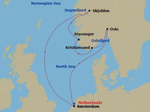 7 Night - Norwegian Fjords & Sognefjord - Zuiderdam - Starting in Amsterdam, the Netherlands, Scenic cruising Oslofjord, Oslo, Norway, Kristiansand, Norway, Stavanger, Norway, Scenic cruising Sognefjord, Skjolden, Norway, Amsterdam, the Netherlands itinerary map