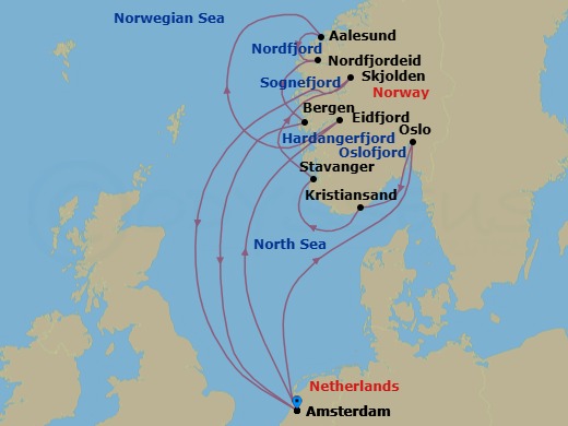 14 Night - Norwegian Fjords with Nordfjord & Sognefjord - Zuiderdam - Starting in Amsterdam, the Netherlands, Eidfjord, Norway, Scenic cruising Hardangerfjord, Alesund, Norway, Nordfjordeid, Norway, Scenic Cruising Nordfjord, Bergen, Norway, Amsterdam, the Netherlands, Scenic cruising Oslofjord, Oslo, Norway, Kristiansand, Norway, Stavanger, Norway, Scenic cruising Sognefjord, Skjolden, Norway, Amsterdam, the Netherlands itinerary map
