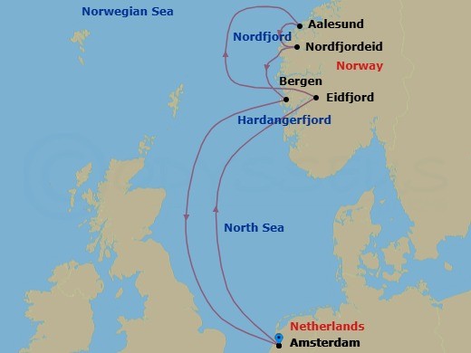 7 Night - Norwegian Fjords & Nordfjord - Zuiderdam - Starting in Amsterdam, the Netherlands, Eidfjord, Norway, Scenic cruising Hardangerfjord, Alesund, Norway, Nordfjordeid, Norway, Scenic Cruising Nordfjord, Bergen, Norway, Amsterdam, the Netherlands itinerary map